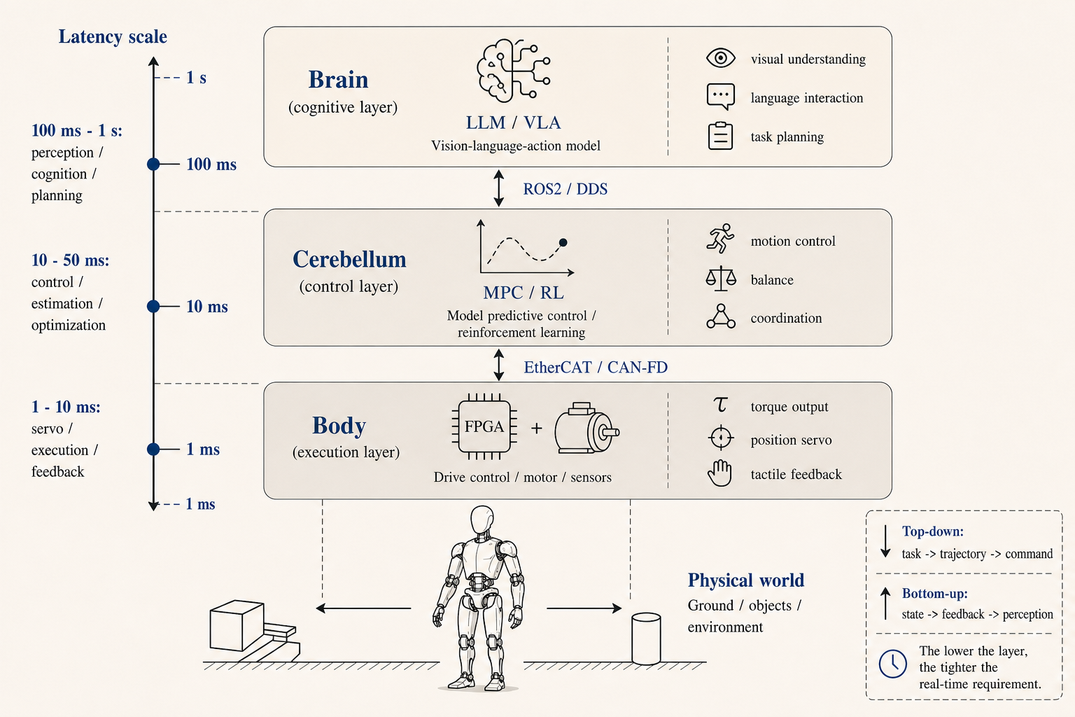 Three-layer architecture: separating bandwidth across brain, cerebellum, and body