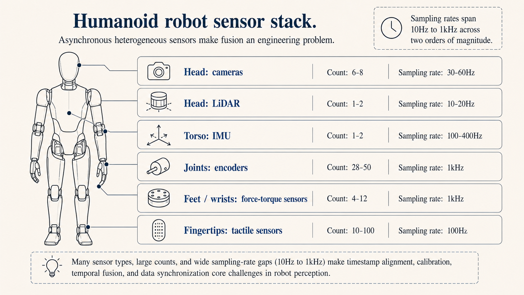 Humanoid robot sensor stack: six asynchronous heterogeneous data streams